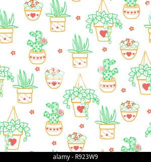 Seamless pattern with black and white cactus and succulents on white background. Vector print with cactuses succulents in minimalistic geometric linea Stock Vector