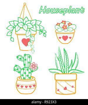 Vector set of modern flat line icons of cactus and succulents, houseplant . Stock Vector