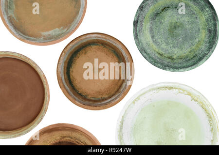 Background surface of various colors and dirty clay plates for plants and isolated on white background Stock Photo
