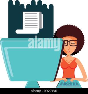 woman with desktop computer and paper receipt vector illustration design Stock Vector