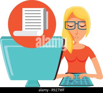 woman with desktop computer and paper receipt vector illustration design Stock Vector