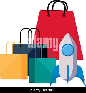 online shopping bags and rocket startup vector illustration Stock Vector