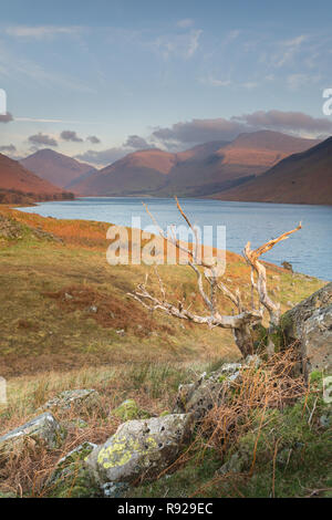 Wastwater looking towards Scafell Pike and Great Gable mountains in the Lake District national park on a cold, clear December day at sunset. Stock Photo