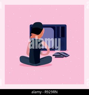 boy sitting playing video game vector illustration Stock Vector