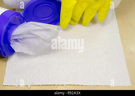 Sponge and liquid for cleaning the surface at home. Accessories for keeping household clean. Light background. Stock Photo