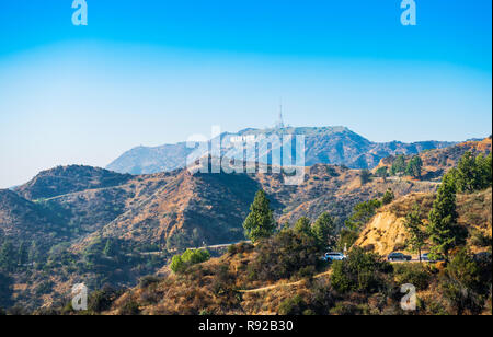 HOLLYWOOD, CALIFORNIA, USA - FEBRUARY 6, 2018: Hollywood Sign. World famous landmark and in Los Angeles. Copy space for text Stock Photo