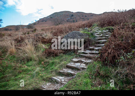 Stone steps on a hiking/walking trail leading up the side of hill/mountain on the edge of Grasmere lake, Lake District, Cumbria, England UK Stock Photo