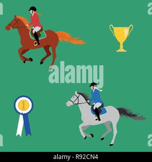 Rider in uniform on a galloping horse, trophy and prize rosette - vector illustration in flat style or seamless pattern. For prints on clothes and wra Stock Vector