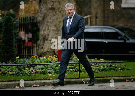 London, Britain. 18th Dec, 2018. Conservative Party chairman Brandon Lewis arrives for a cabinet meeting at 10 Downing Street in London, Britain, Dec. 18, 2018. British Prime Minister Theresa May announced in the House of Commons Monday that Members of Parliament (MPs) will vote on her Brexit deal in mid-January. May said senior ministers will meet Tuesday at Downing Street to discuss preparations in the event of no deal being agreed. Credit: Tim Ireland/Xinhua/Alamy Live News Stock Photo