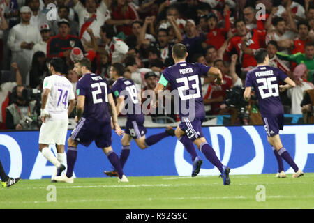 Al Ain, United Arab Emirates. 18th Dec, 2018. River Plate players celebrate their first goal scored by Rafael Santos Borre during the FIFA Club World Cup Semi-Final soccer match between UAE's Al Ain FC and Argentina's River Plate at Hazza Bin Zayed Stadium. Credit: Mohamed Flis/dpa/Alamy Live News Stock Photo