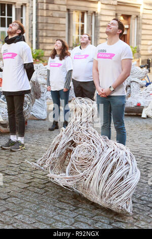 Edinburgh, Scotland, UK. 19th December, 2018.  14 Stunning Wicker Sculptures Capture the Burning Pride of Young Scots. Depict a different symbol representing each region of Scotland as decided by young Scots as a part of Edinburgh’s Hogmanay. Joined by Lead Artist Ariel Killick who created the sculptures with assistance, Fiona Hyslop, Cabinet Secretary for Culture, Tourism and External Affairs and Cllr Donald Wilson Culture and Communities Convener for the City of Edinburgh Council Pic: Pako Mera/Alamy Live News Stock Photo