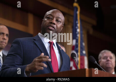 Washington, District of Columbia, USA. 19th Dec, 2018. Senator Tim Scott, Republican of South Carolina, speaks to reporters during a news conference celebrating the passage of the First Step Act at the United States Capitol in Washington, DC on December 19, 2018. Credit: Alex Edelman/CNP Credit: Alex Edelman/CNP/ZUMA Wire/Alamy Live News Stock Photo