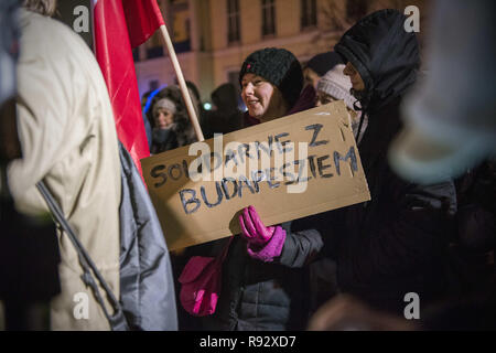 Warsaw, Mazowieckie, Poland. 19th Dec, 2018. A protester seen holding a placard saying Solidarity with Budapest during the protest.Protesters were gathered outside the Hungarian embassy in Warsaw to demonstrate their solidarity. Credit: Attila Husejnow/SOPA Images/ZUMA Wire/Alamy Live News Stock Photo