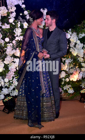 Mumbai, India. 19th Dec, 2018. Indian actress Priyanka Chopra with her husband US musician Nick Jonas are seen during their wedding reception at the hotel JW Marriott in Mumbai. Credit: Azhar Khan/SOPA Images/ZUMA Wire/Alamy Live News Stock Photo