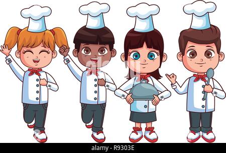 Chef kids cooking at kitchen cartoons vector illustration graphic ...