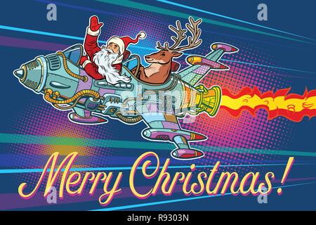 Merry Christmas. Santa Claus with a deer flying on a rocket. Pop art retro vector illustration vintage kitsch Stock Vector
