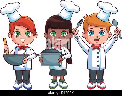 Chef kids cooking at kitchen cartoons vector illustration graphic ...