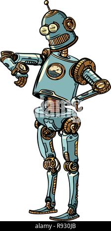 robot looks at the wristwatch, late time management. Pop art retro vector illustration kitsch vintage Stock Vector