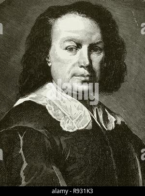 Bartolome Esteban Murillo (1617-1682). Spanish Baroque painter. Portrait. Engraving, 1879. Stock Photo