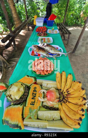 Fruit plate on the table showing El Nido-the place word written with pieces of watermelon rind along with boiled shrimp prawns-grilled fish-crabs-sala Stock Photo