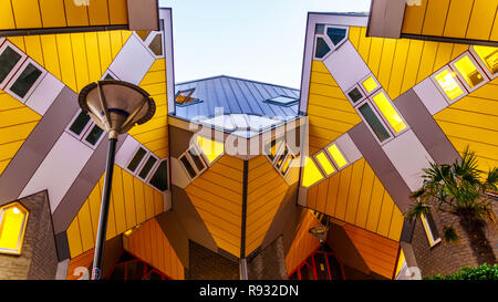 The architectural wonder of the Cube Housing complex near Blaak Train Station in the center of the harbor city of Rotterdam in the Netherlands. Stock Photo