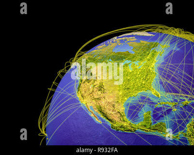 North America from space on Earth with lines representing international connections, communication, travel. 3D illustration. Elements of this image fu Stock Photo