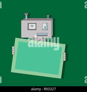 Cute cartoon flat robot with banner on green background, template for web and print Stock Vector