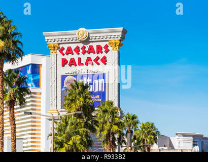 LAS VEGAS, USA - JANUARY 31, 2018: View of the signboard of Caesars Palace. Isolated on blue background Stock Photo