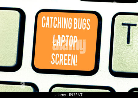 Handwriting text writing Catching Bugs Laptop Screen. Concept meaning Computer system protection safety antivirus Keyboard key Intention to create com Stock Photo