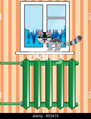 Room with radiator and window in winter.Vector illustration Stock Vector