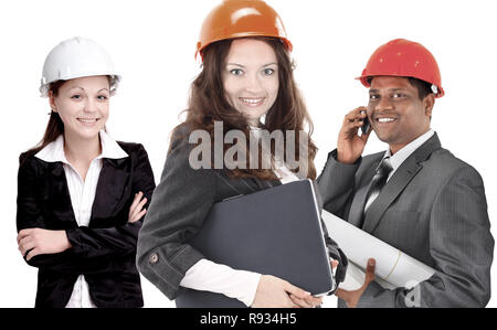 Team of business people in group, architect and engeneer on construciton site check documents and business workflow on new building Stock Photo
