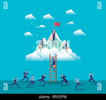business people in mountains with flag with stair Stock Vector