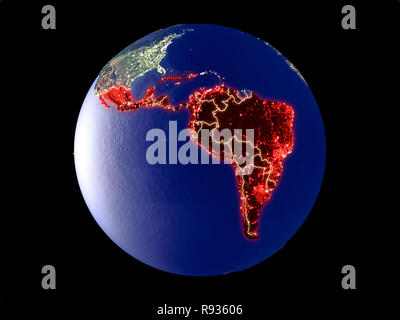 Latin America from space on model of planet Earth with city lights. Very fine detail of the plastic planet surface and cities. 3D illustration. Elemen Stock Photo