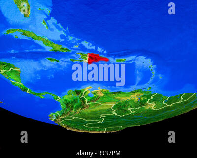 Dominican Republic from space on model of planet Earth with country borders. 3D illustration. Elements of this image furnished by NASA. Stock Photo