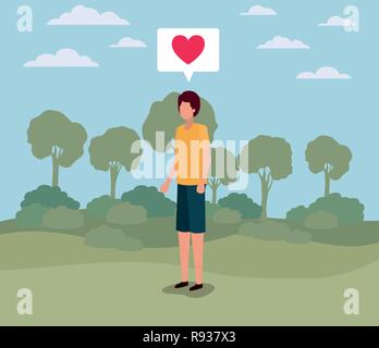 young man with heart in speech bubble on the camp Stock Vector