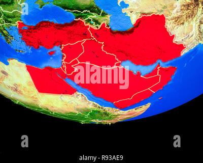 Middle East on 3D model of Earth with water and divided countries. 3D ...
