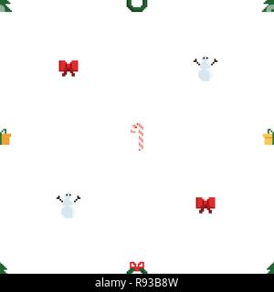 Colorful Pixel Pattern with Christmas Elements. Atcade games style Stock Vector