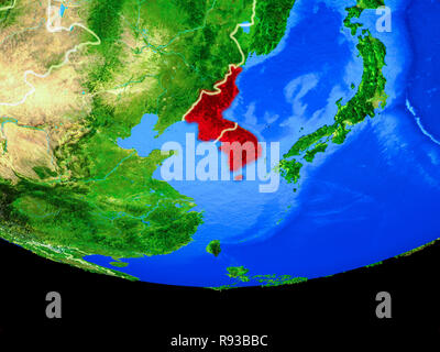 Korea from space on model of planet Earth with country borders and very ...