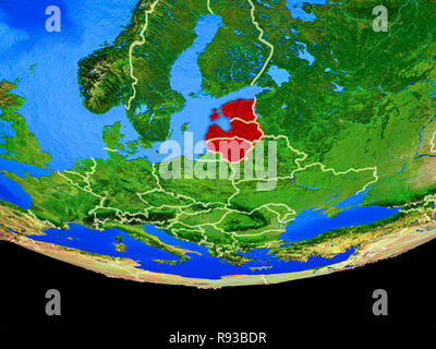 Baltic States from space on model of planet Earth with country borders. 3D illustration. Elements of this image furnished by NASA. Stock Photo