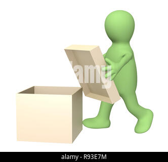 3d puppet with empty opened box Stock Photo