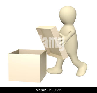 3d puppet with empty opened box Stock Photo