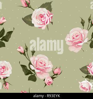 Vector floral seamless pattern with pink rose flowers on polka dots olive background Stock Vector