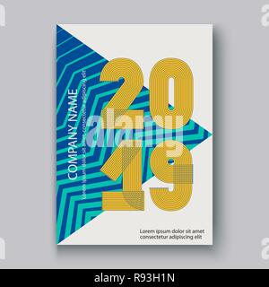 Cover Annual Report numbers 2019, modern design colorful neon zigzag background vertical, year 2019 in thin lines striped memphis stile, written with  Stock Vector