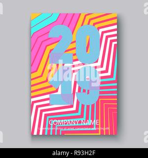 Cover Annual Report numbers 2019, modern design colorful neon zigzag background vertical, year 2019 in thin lines striped memphis stile, written with  Stock Vector