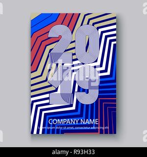 Cover Annual Report numbers 2019, modern design colorful neon zigzag background vertical, year 2019 in thin lines striped memphis stile, written with Stock Vector