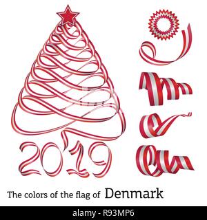Ribbon in the shape of a Christmas tree with the colors of the flag of Denmark Stock Vector