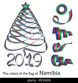 Ribbon in the shape of a Christmas tree with the colors of the flag of Namibia Stock Vector