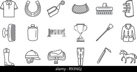 Horseback riding gear icon set. Outline set of horseback riding gear vector icons for web design isolated on white background Stock Vector