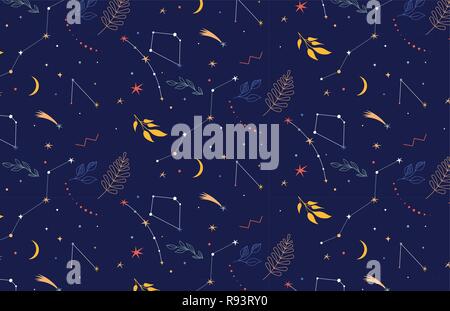 Constellations seamless pattern. Night background with stars, planents and leaves Stock Vector