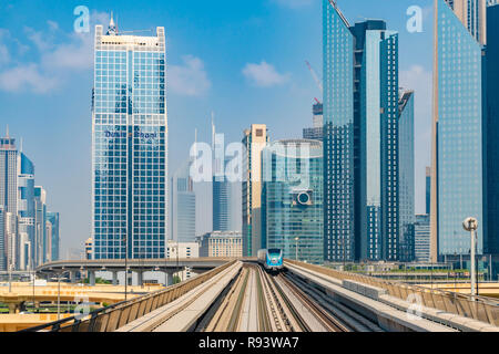 View of Metro train in downtown Dubai